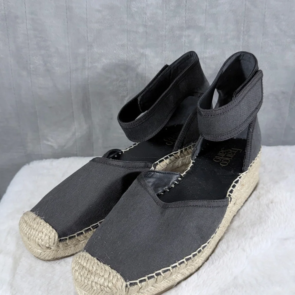 Franco Sarto Black Canvas Espadrille Wedge Sandals Size 9.5